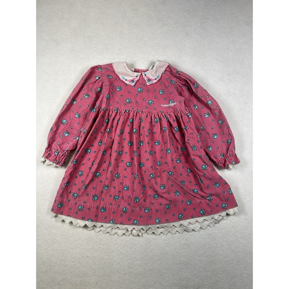 Vintage Oshkosh B'Gosh‎ Size 5 Pink Floral Corduroy Dress Eyelet Lace Trim